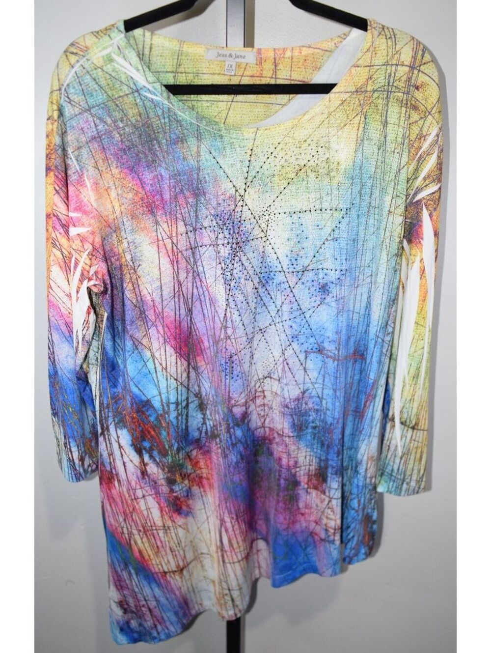 Jess and Jane Multicolor Abstract Rhinestone Tunic Top Plus Size 1X